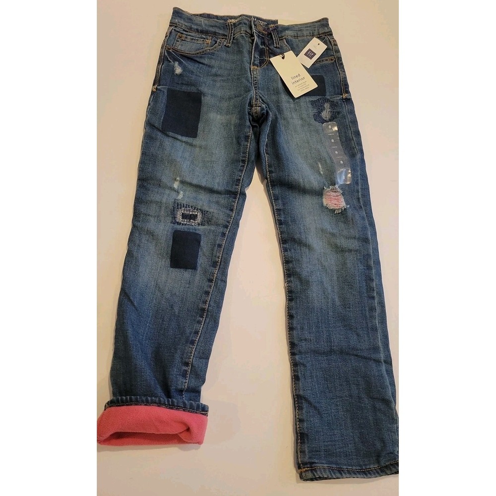 Gap Fleece lined Jeans Girls Size 8 Distressed Stretch Adjustable Waist New Tags